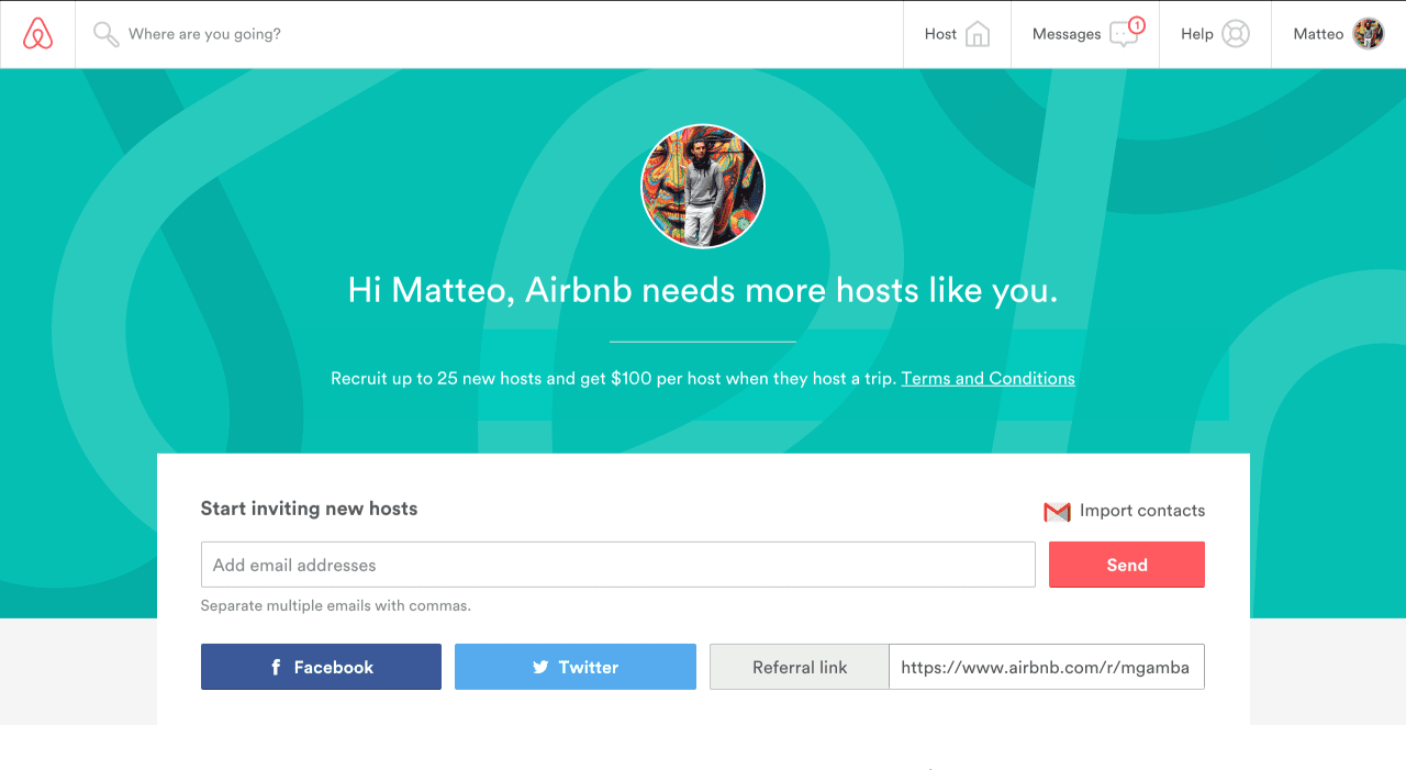 Referral marketing program via Airbnb