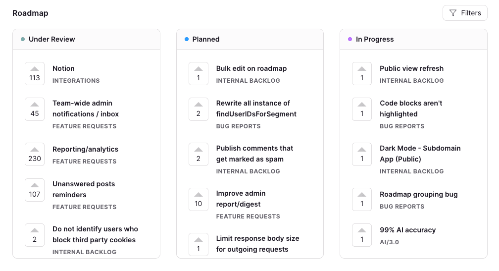 Screenshot showing Canny's public roadmap with projects listed under review, planned, and in progress. 