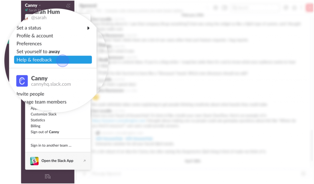 Slack menu help and feedback option