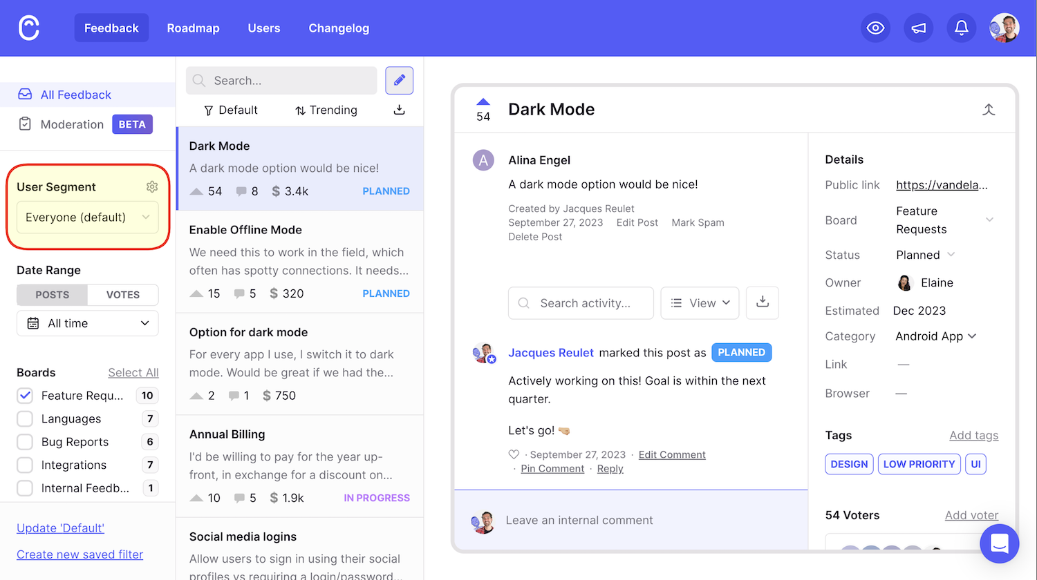 Customer segments in Canny